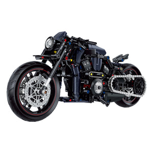 BR60517 1:8 dark power-cruiser motorcycle kit, 562 pcs: moving piston engine, working suspension & drive chain. Matte navy-black, static adult collectible.