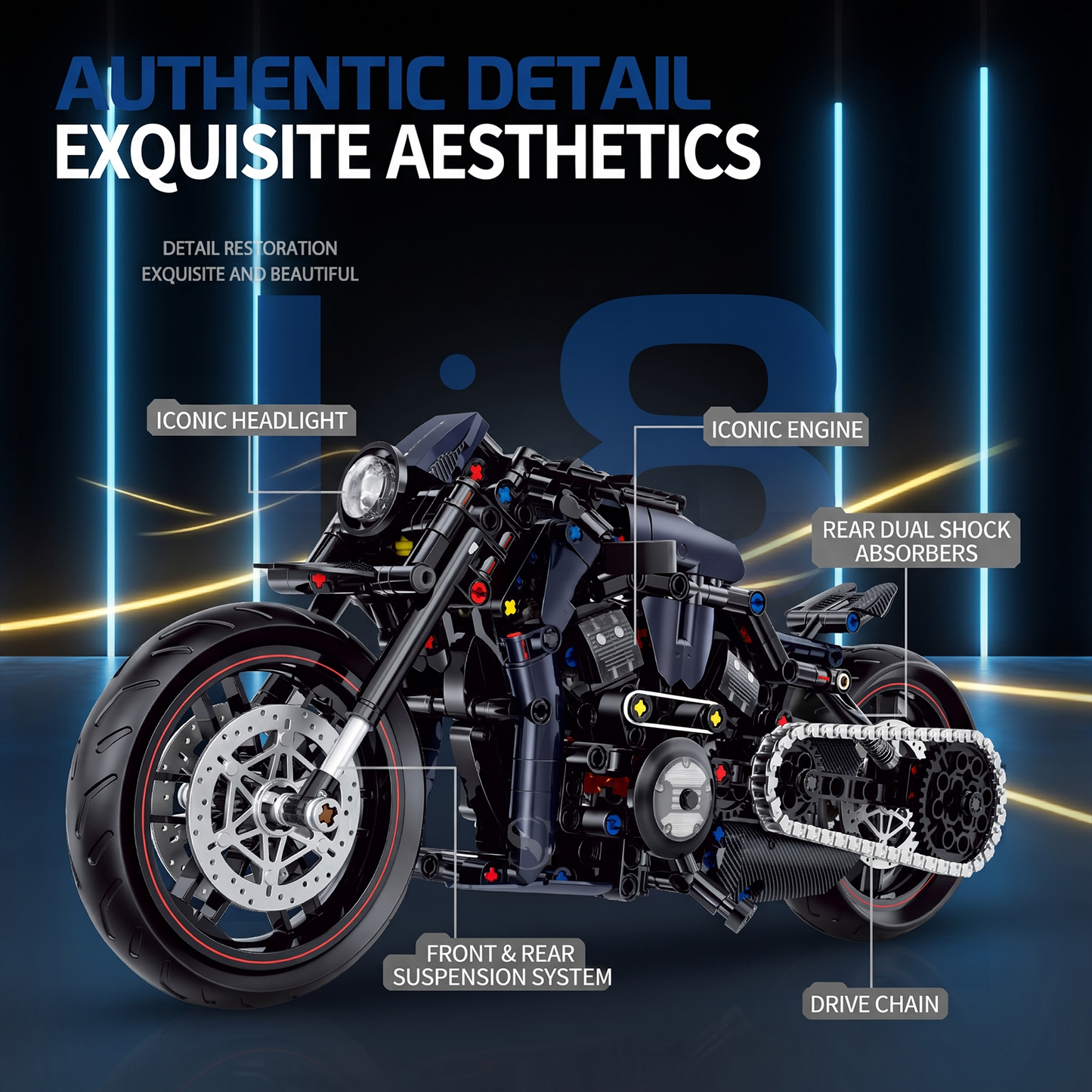 1:8 Dark Power-Cruiser Motorcycle Building Kit
