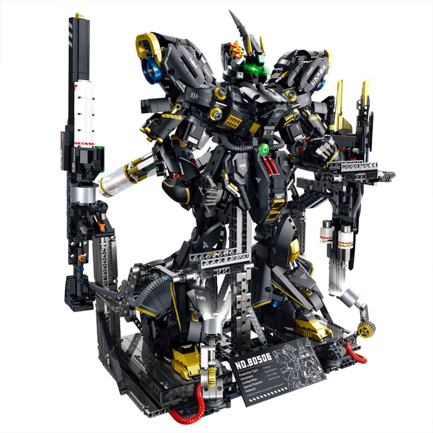 A 3,908-piece Dark Slayer combat mecha in matte black & gold, fully armed with a glowing beam rifle, cannons and gatling, ball-joint articulation .