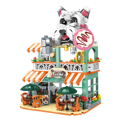 BR60524 895-pc dog coffee shop street-view diorama: schnauzer facade, patio, coffee bar & upstairs bakery, 3 minifigures, light brick. Adult collectible.
