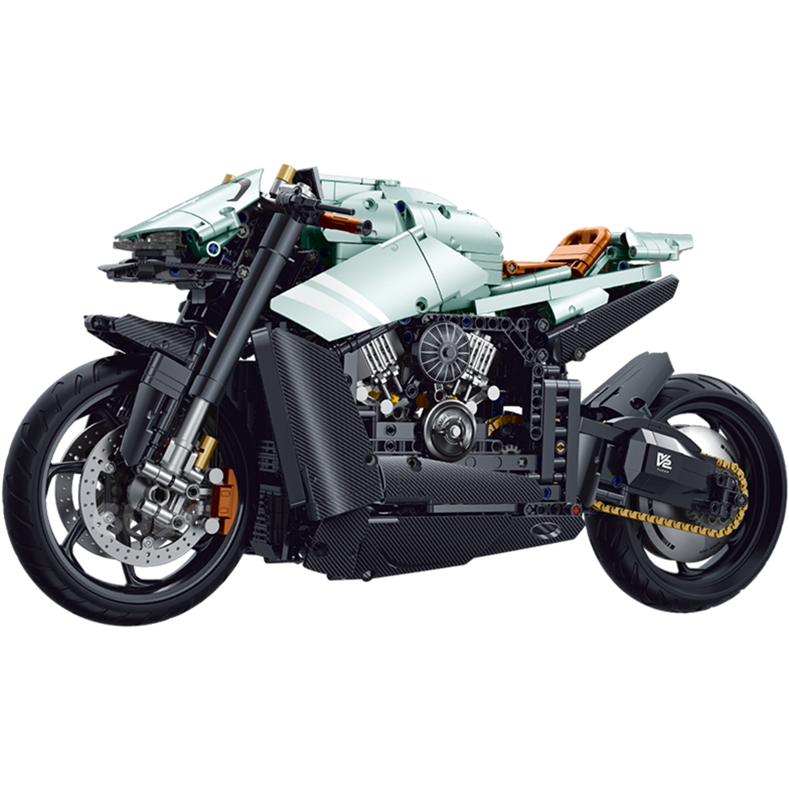 BRICKROYAL BR60505: 1:5 electroplated concept sport motorcycle building kit, 1986 pcs with piston-linkage engine, drive chain & display stand. Age 14+.