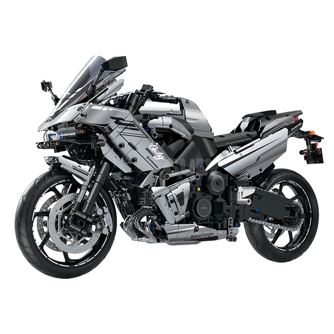 BRICKROYAL BR60525: 1:5 electroplated hyper-sport motorcycle building kit, 1973 pcs with LED head & taillights, drive chain & display stand. Age 14+.