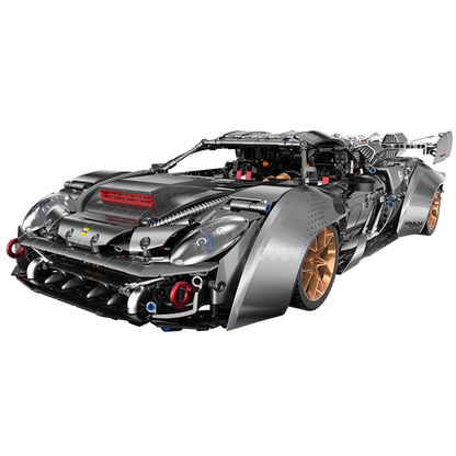 1:8 electroplated supercar, 3903 pcs, gunmetal & gold: interchangeable wings, scissor doors, RC-upgradeable. Motor sold separately. Adult collectible.