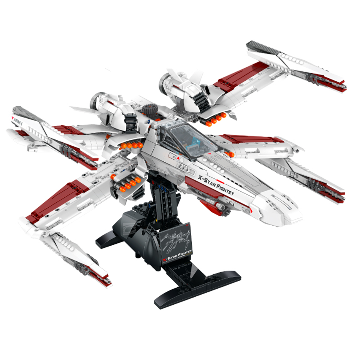 BR98003 1109-pc four-wing space starfighter kit: white & red, split wings that open into an X, bubble cockpit, display stand. Static, upgrade-ready collectible.