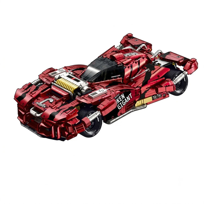 A 3,928-piece 1:8 combat-style supercar in electroplated red with black camo and a detachable serrated front guard. Static display, RC-upgradeable. 
