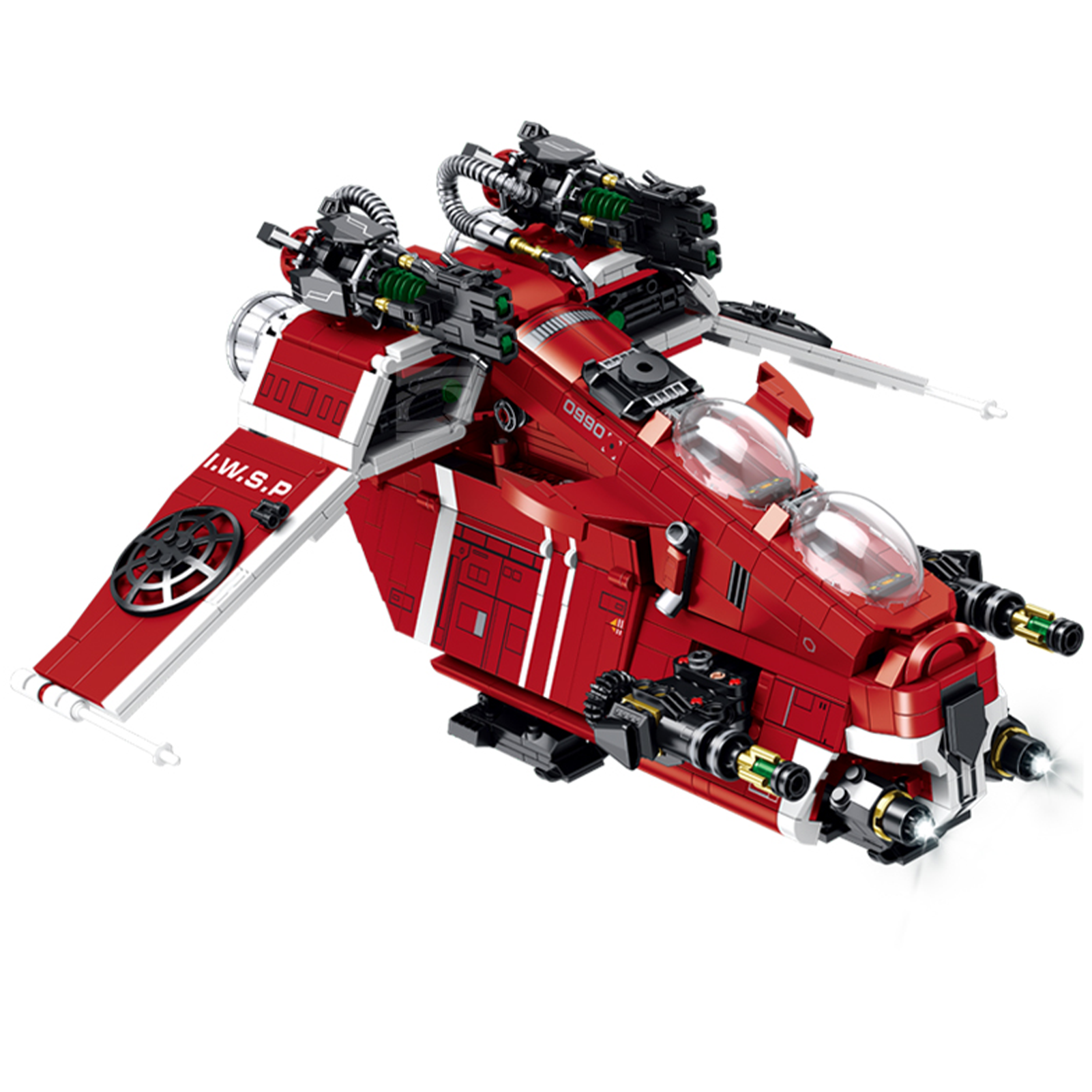 BR98002 1107-pc interstellar assault gunship kit: red & white dropship, twin bubble cockpits, rotating cannons, rear hatch. Static, upgrade-ready. Adult collectible.