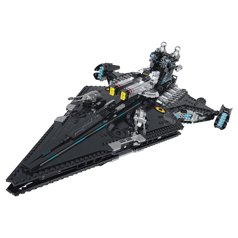 BR60530 2628-pc interstellar dark cruiser warship kit: greebled matte-black hull, rotating turrets, upgrade-ready. Adult collectible display centrepiece.