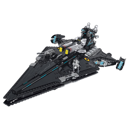 BR60530 2628-pc interstellar dark cruiser warship kit: greebled matte-black hull, rotating turrets, upgrade-ready. Adult collectible display centrepiece.