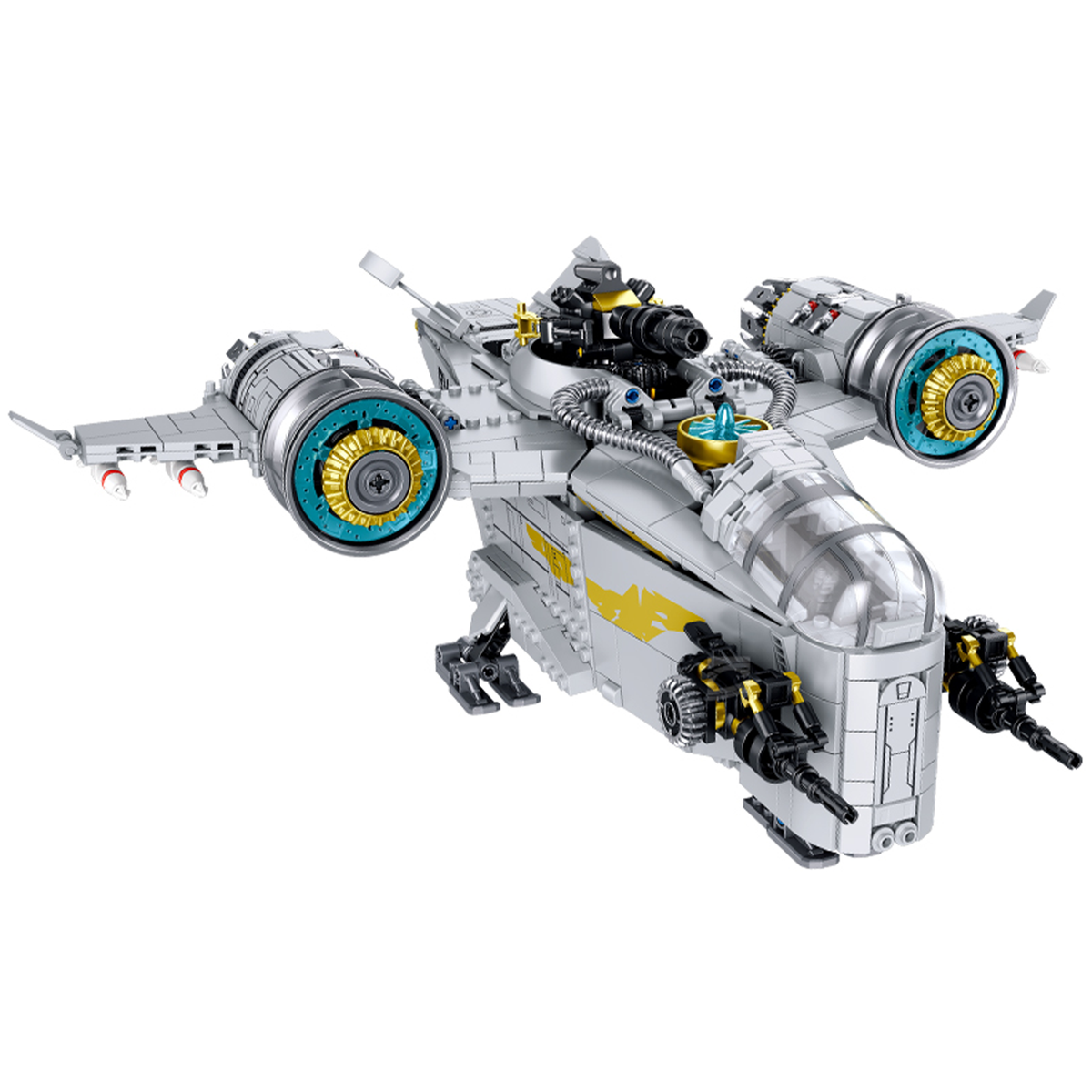 BR98000 1127-pc interstellar freighter gunship kit: weathered hull, twin cyan thrusters, openable cockpit, rotating cannons. Static, upgrade-ready. Adult collectible.