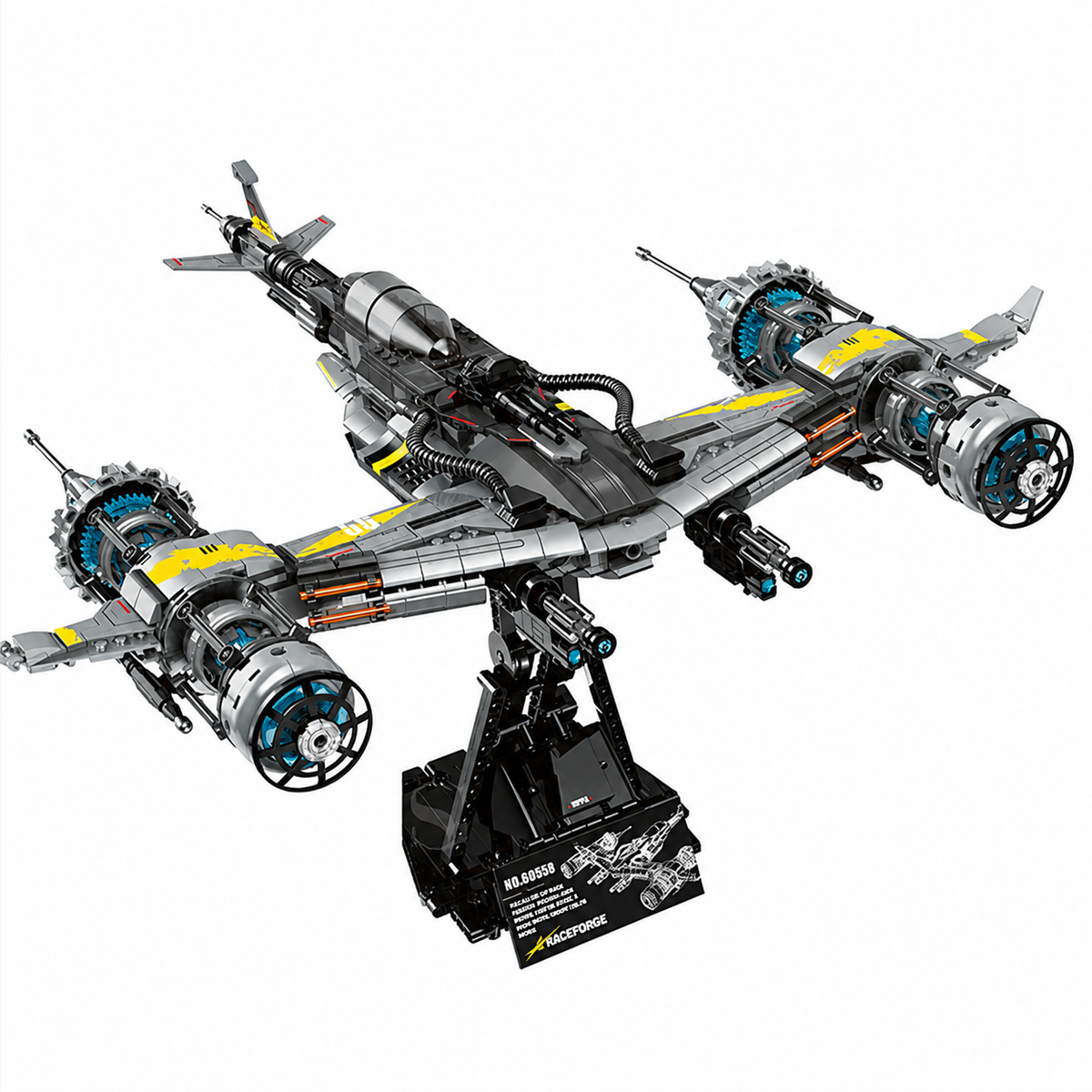 BR60559 1127-pc interstellar starfighter kit: metallic grey hull, openable cockpit, dual cannons, display stand & nameplate. Static base, upgrade-ready.