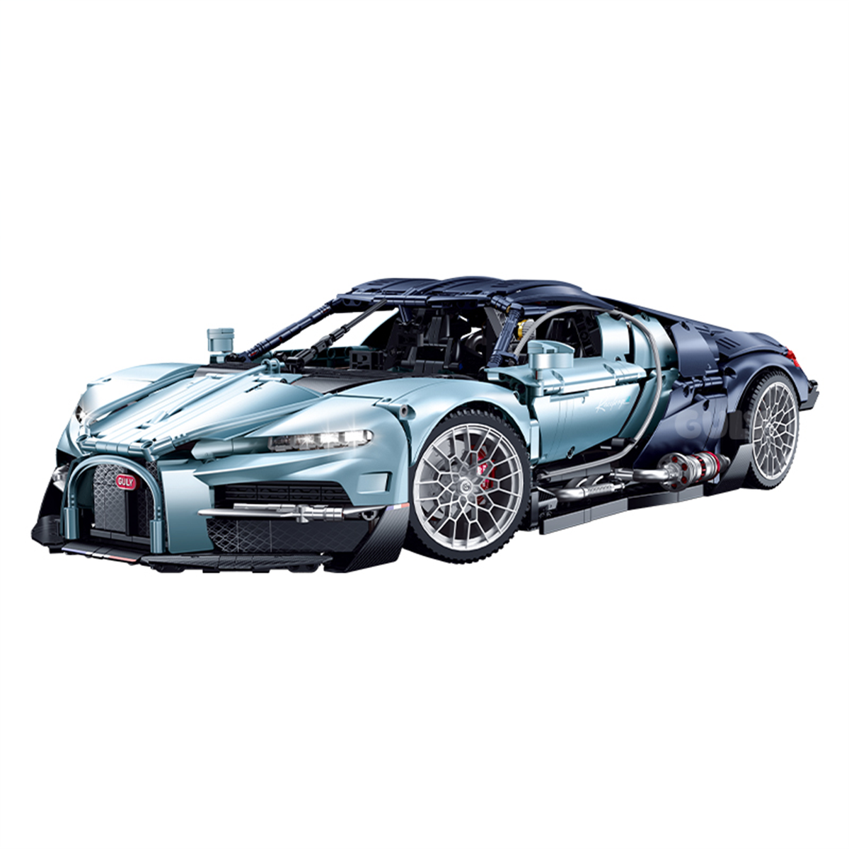A 3,719-piece 1:8 ice-blue luxury hypercar with an exploded-armour body, simulated engine and 3-speed gearbox. RC-upgradeable doors & linked wing. 14+.