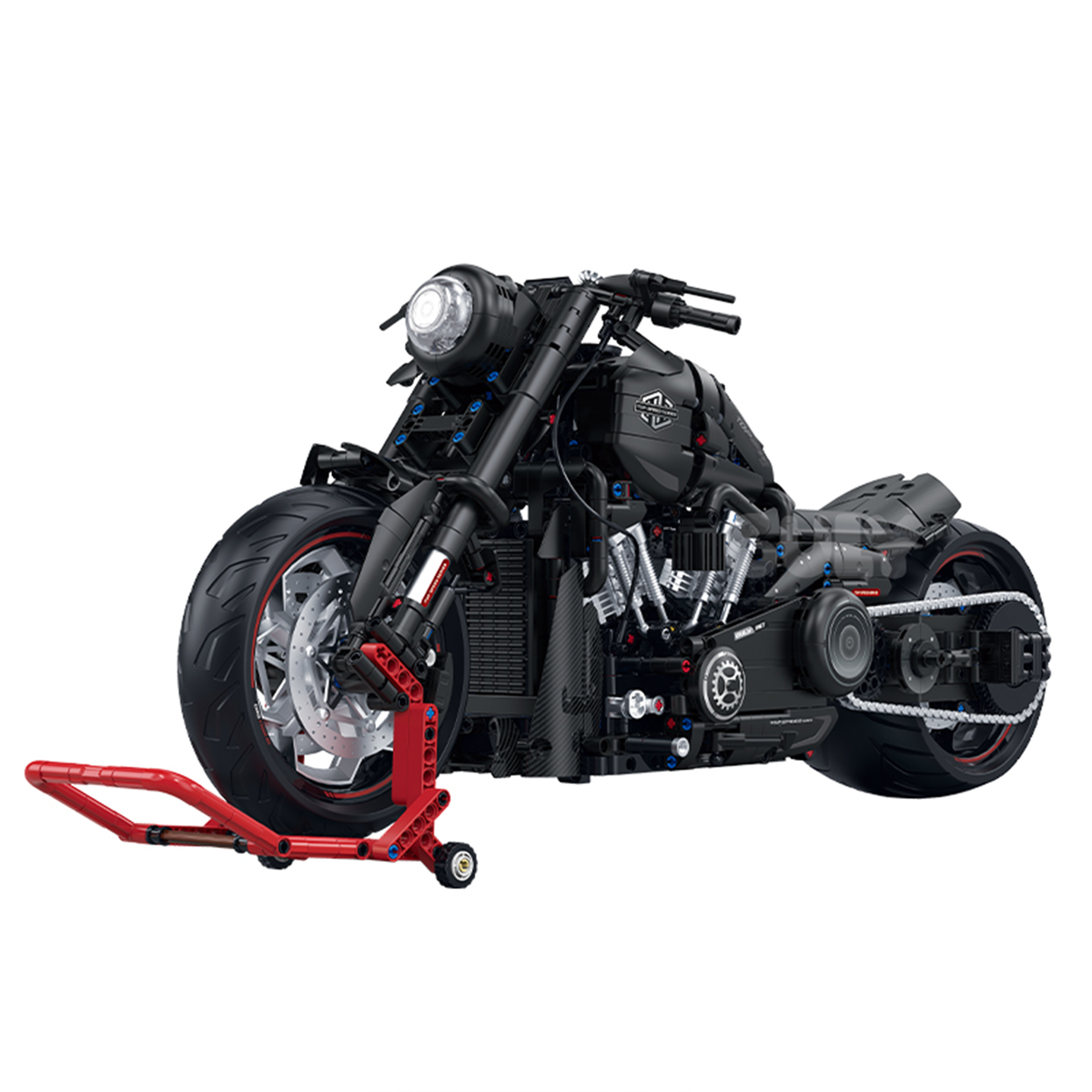 BRICKROYAL BR60521: 1:5 matte-black custom cruiser motorcycle building kit, 2050 pcs with lifting rear wheel, 3-speed gearbox & display stand. Age 14+.