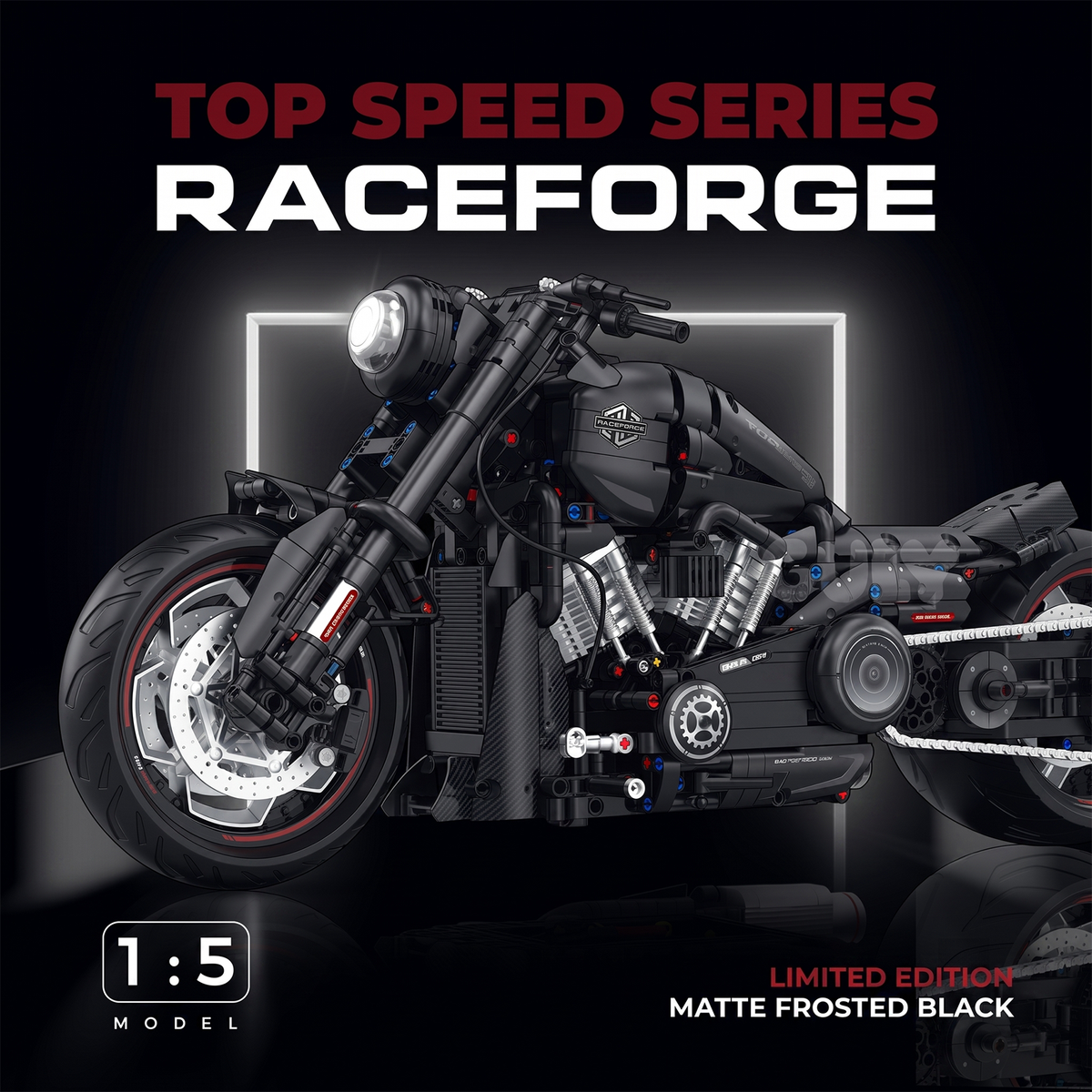 1:5 Matte-Black Custom Cruiser Motorcycle Building Kit