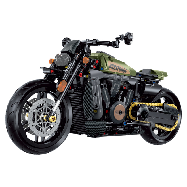 BR60514 1:8 military-green retro cruiser kit, 590 pcs: moving-piston engine, working suspension & gold drive chain. Static adult collectible.