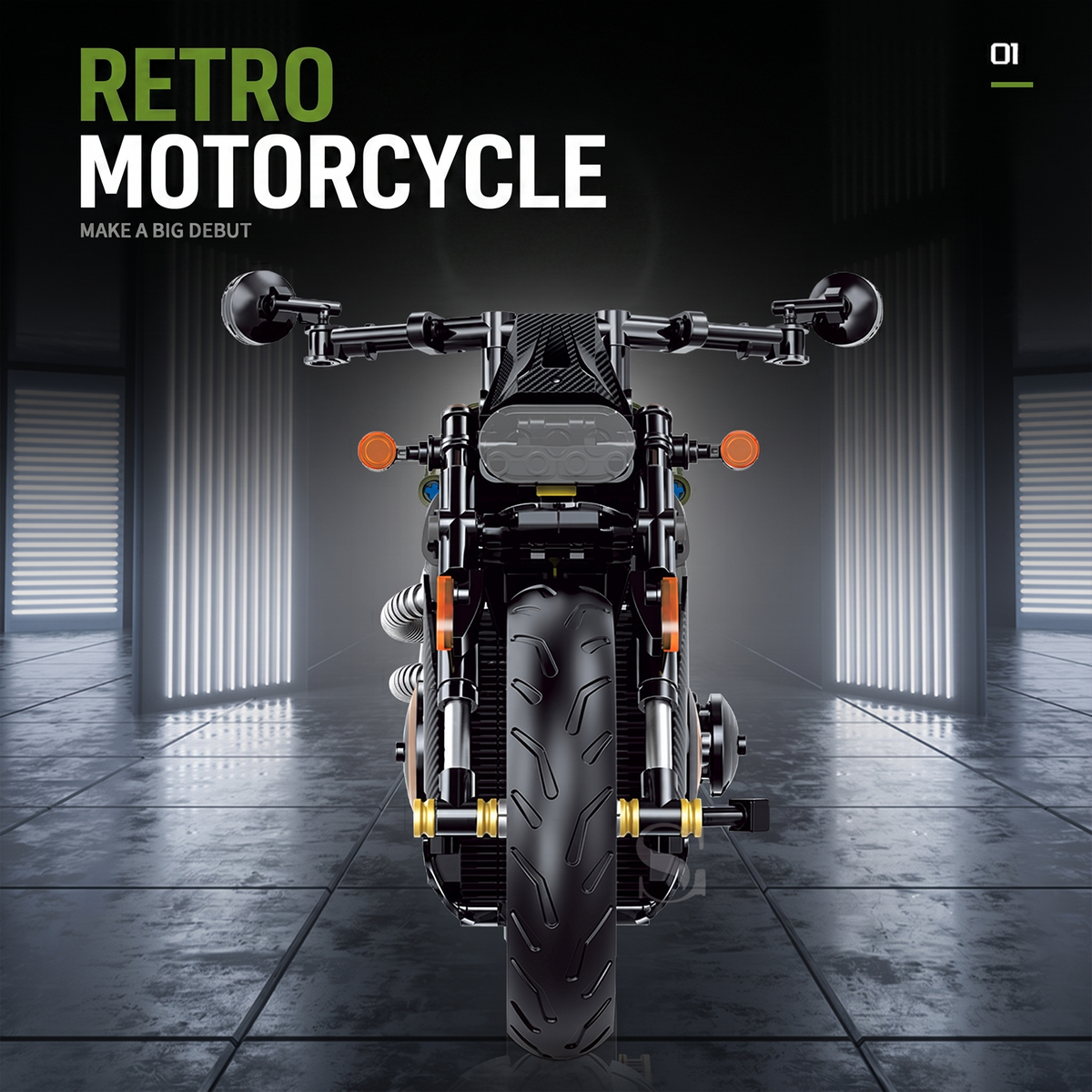 1:8 Military-Green Retro Cruiser Motorcycle Building Kit