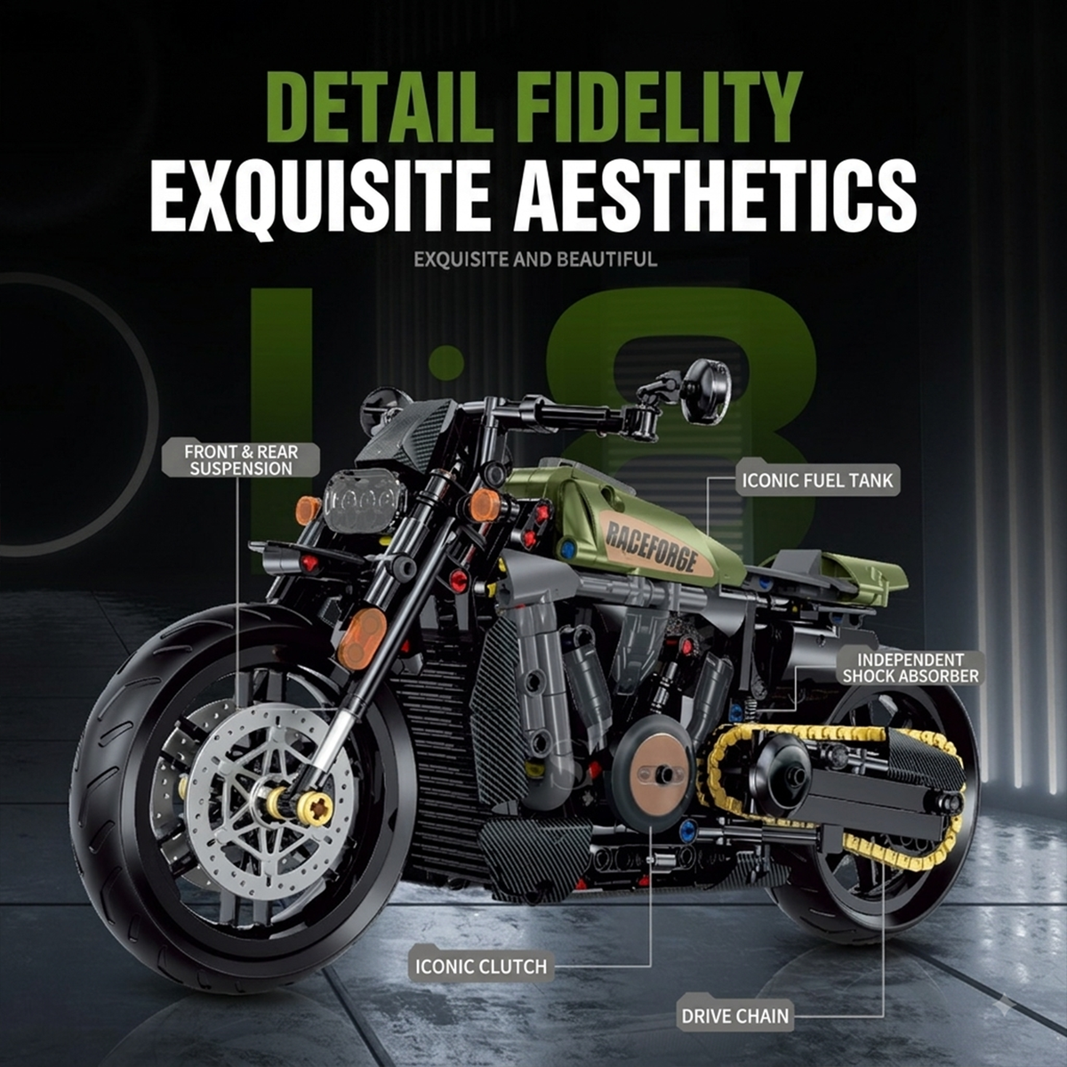 1:8 Military-Green Retro Cruiser Motorcycle Building Kit