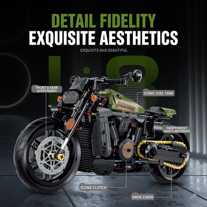 1:8 Military-Green Retro Cruiser Motorcycle Building Kit