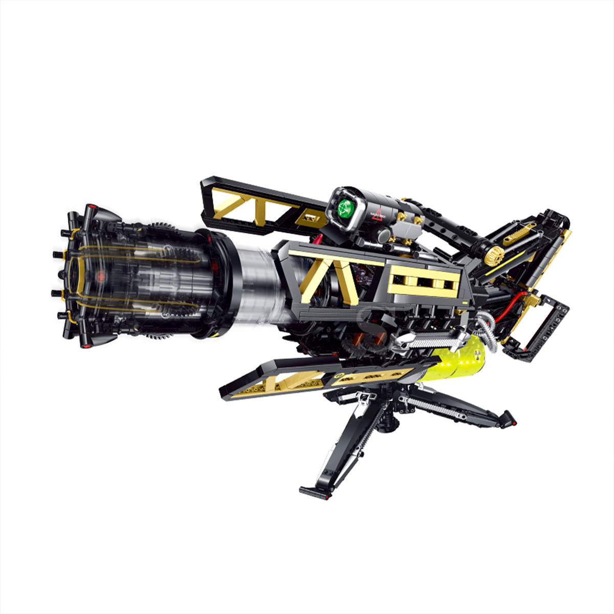 BR60554 2837-pc motorised kinetic blaster: spinning barrel, LED lights, soft rubber-band firing, tripod & handheld. Motor included. Adult collectible.