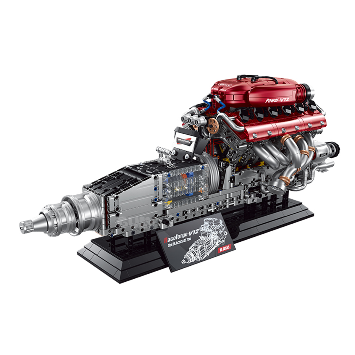 BR60555 motorized V12 engine model kit, 2378 pcs: moving pistons, 5-speed control, LED lights, sound & mist effects. Age 14+.