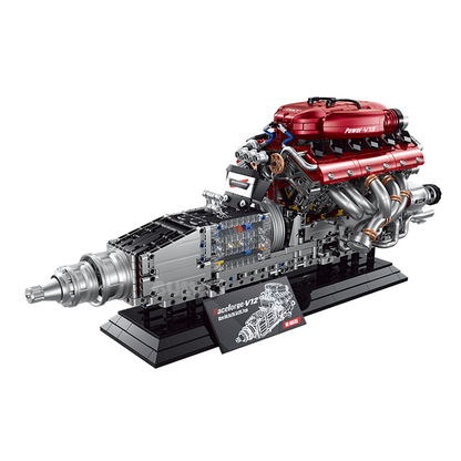 BR60555 motorized V12 engine model kit, 2378 pcs: moving pistons, 5-speed control, LED lights, sound & mist effects. Age 14+.