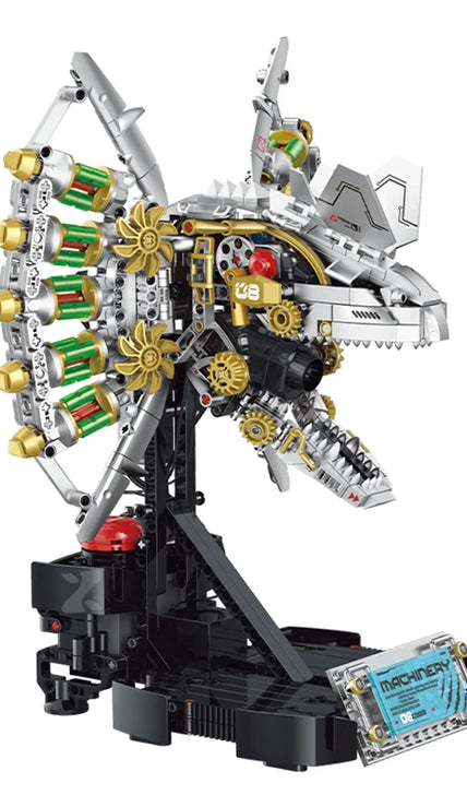 Steampunk dilophosaurus building brick with motorized jaw, red LED eye, dinosaur roar sound and cool mist spray. Movable side fan wings design, one-button control, 14+ adult assembly desktop collectible toy, batteries not included.