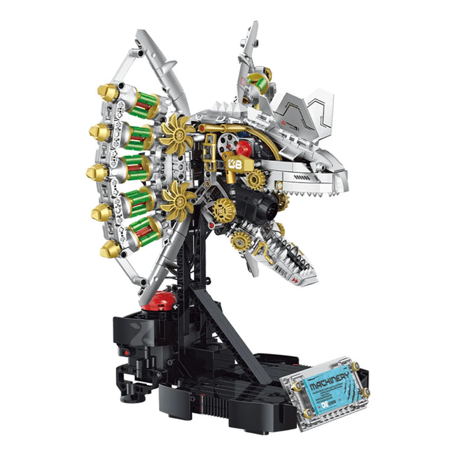 Steampunk dilophosaurus building brick with motorized jaw, red LED eye, dinosaur roar sound and cool mist spray. Movable side fan wings design, one-button control, 14+ adult assembly desktop collectible toy, batteries not included.