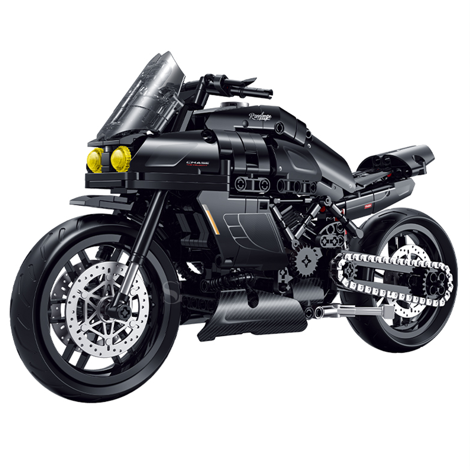 BR60546 1:8 muscle cruiser motorcycle kit, 540 pcs: matte black, drive chain, working suspension, twin headlights. Static adult collectible.