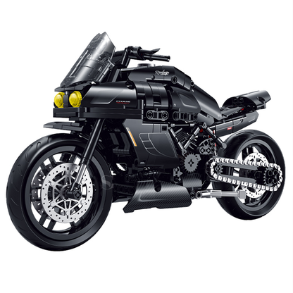 BR60546 1:8 muscle cruiser motorcycle kit, 540 pcs: matte black, drive chain, working suspension, twin headlights. Static adult collectible.