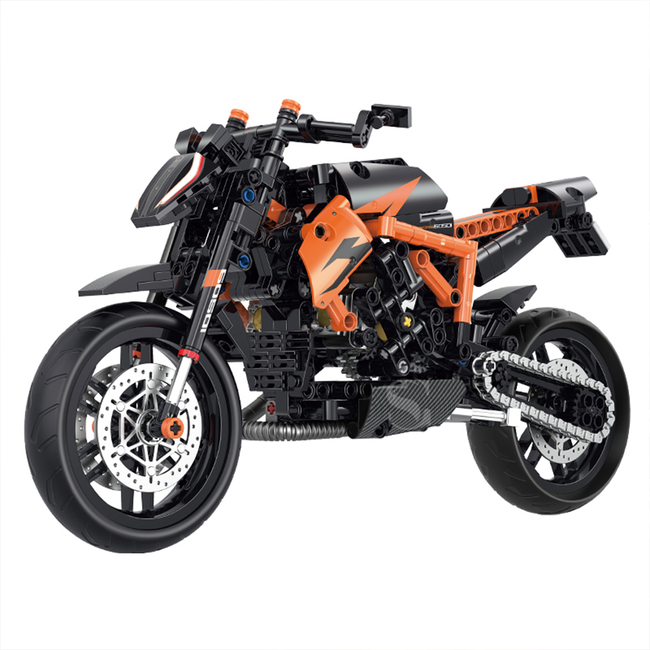 BR60501 1:8 naked street motorcycle kit, 529 pcs: moving piston engine, working suspension & drive chain. Matte black & orange. Age 14+.