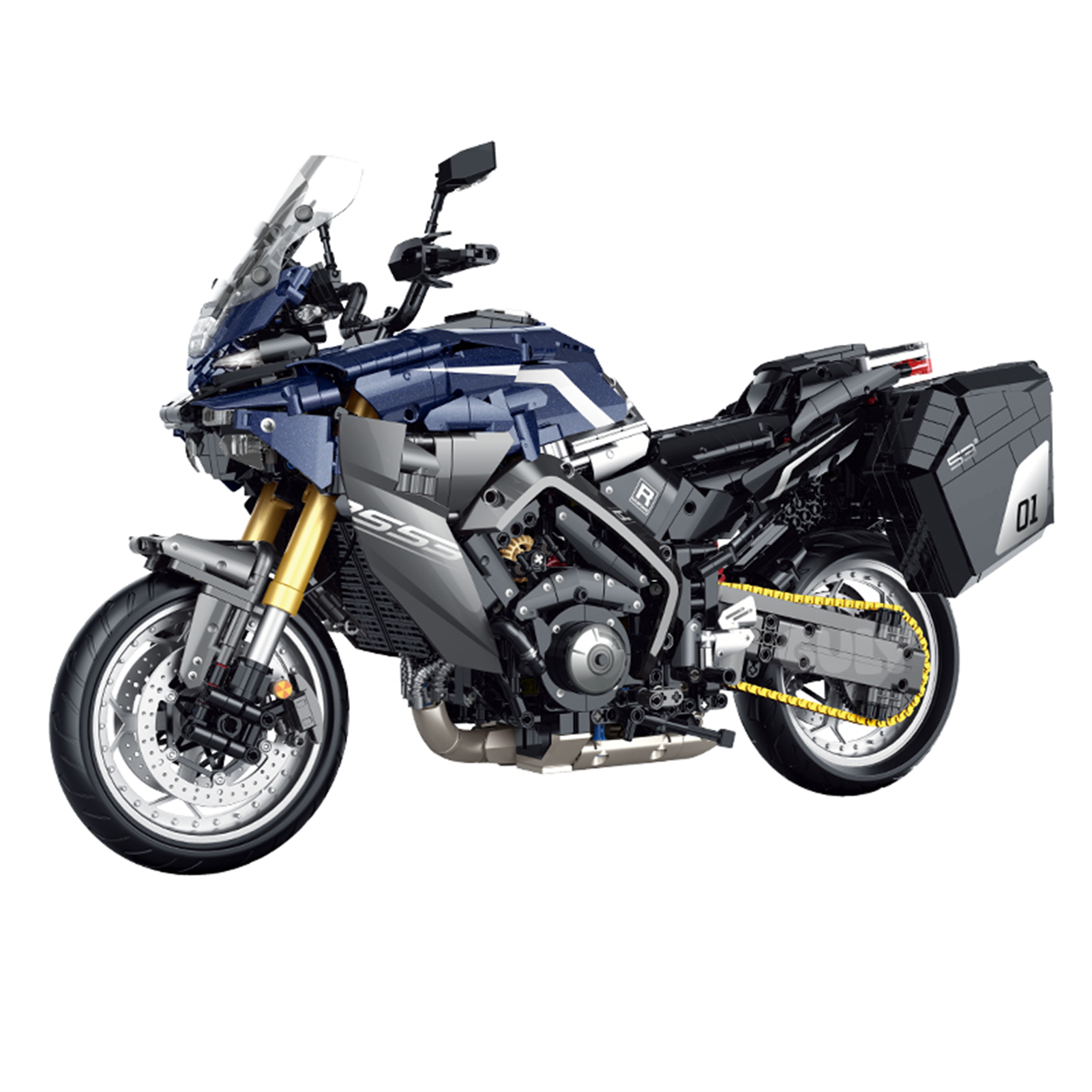 BR60553 1:5 navy sport-touring motorcycle kit, 2461 pcs: moving piston engine, 4-speed gearbox, lit headlight & side luggage. Age 14+.