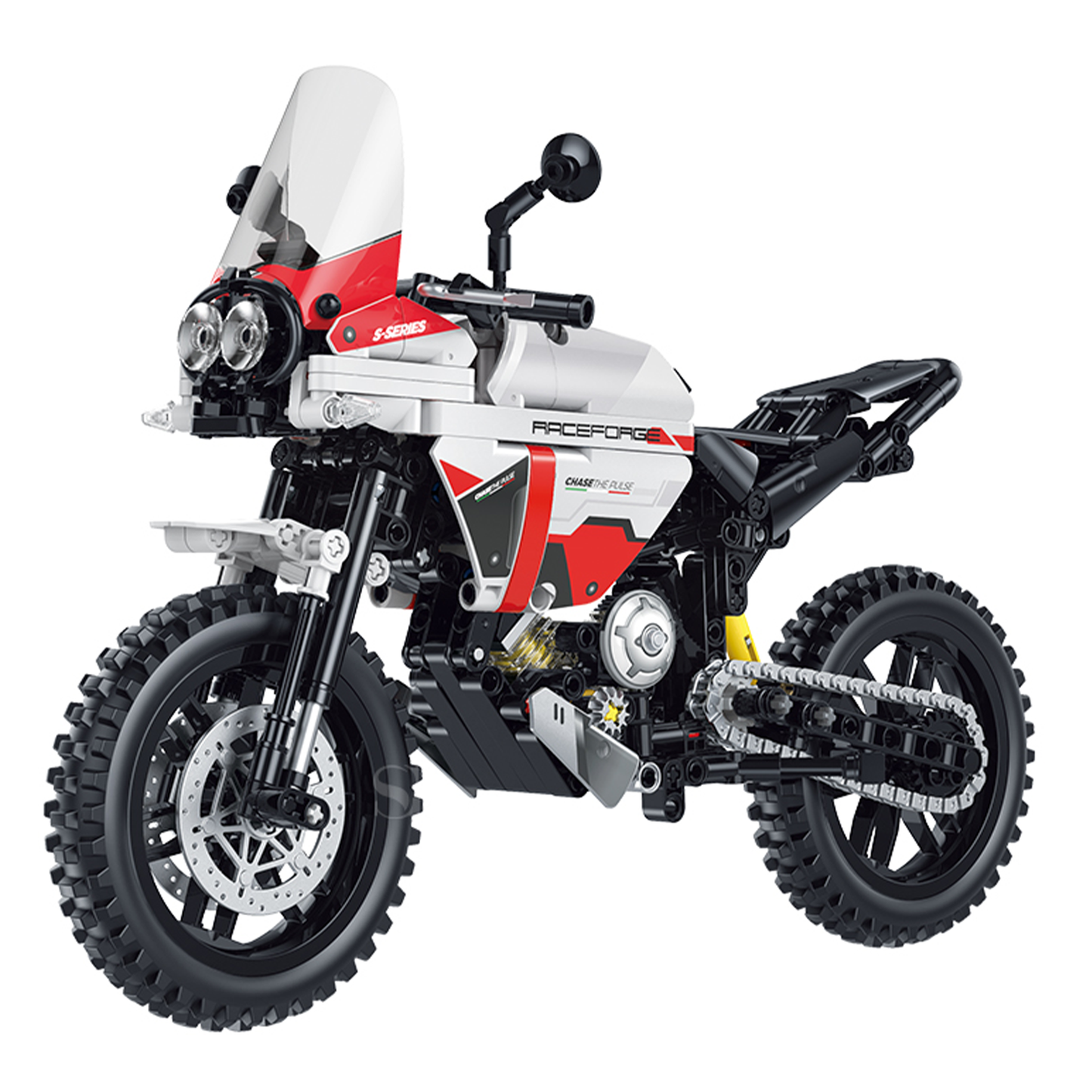 BR60552 1:8 off-road adventure motorcycle kit, 526 pcs: see-through piston engine, chain drive, spring suspension. Static adult collectible.
