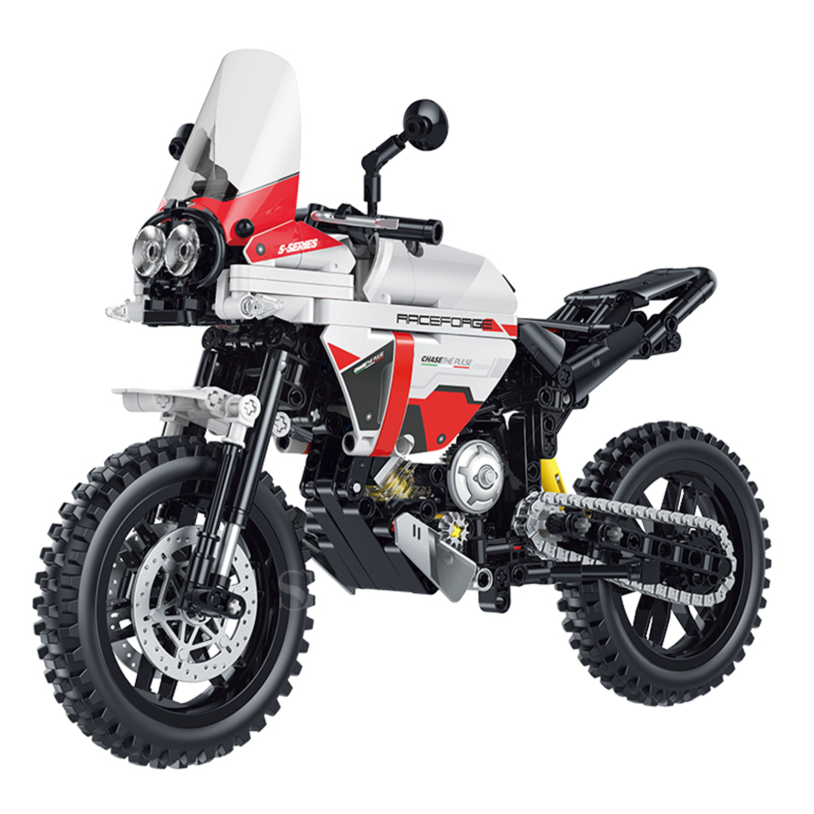 BR60552 1:8 off-road adventure motorcycle kit, 526 pcs: see-through piston engine, chain drive, spring suspension. Static adult collectible.