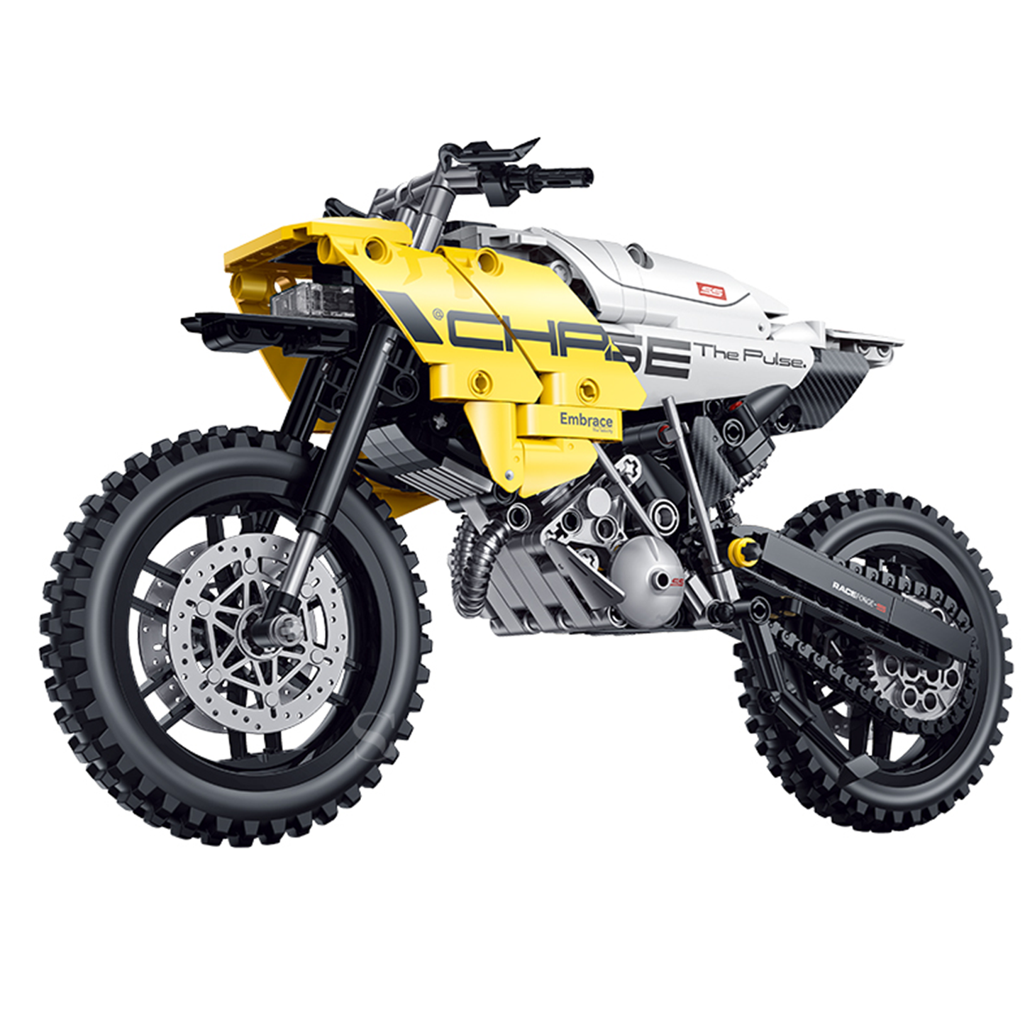 BR60544 1:8 off-road enduro motorcycle kit, 510 pcs: see-through piston engine, chain drive, long-travel suspension. Static adult collectible.