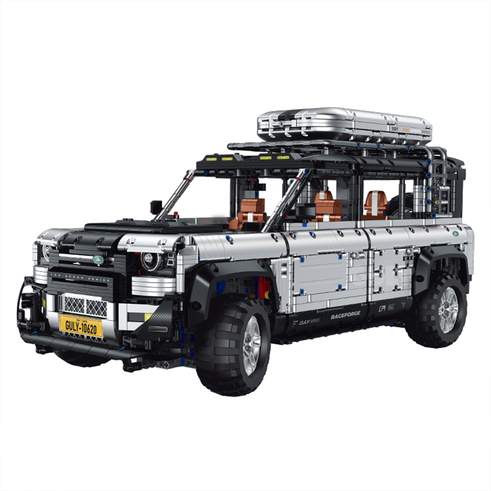 A 4,817-piece 1:8 electroplated-silver off-road SUV with full overland kit — roof case, spare tyre, tools. Static display, RC-upgradeable chassis & doors. 