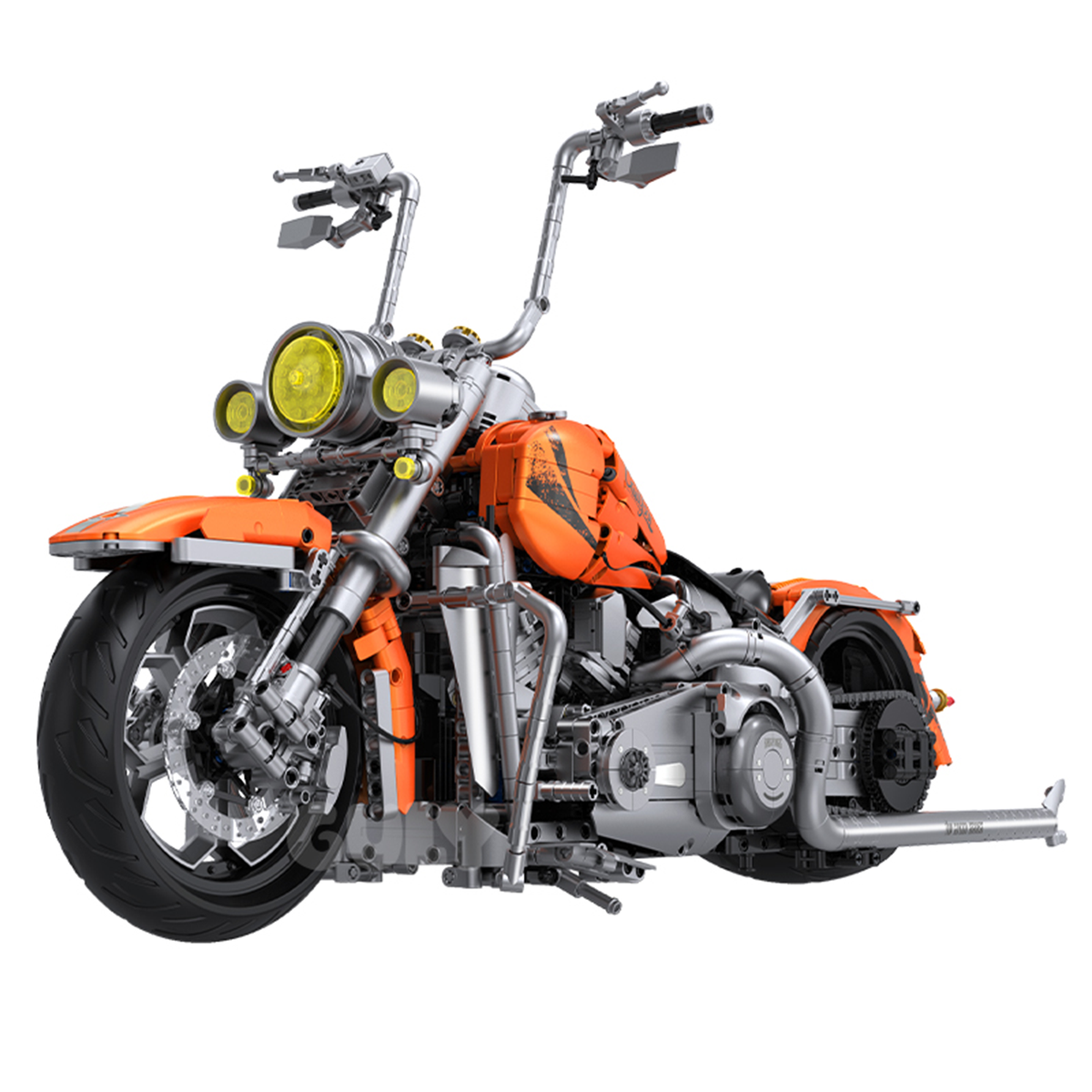 BRICKROYAL BR60531: 1:5 orange chopper motorcycle building kit, 2392 pcs with illuminated triple headlights, 3-speed gearbox & lifting rear wheel. 63cm. 