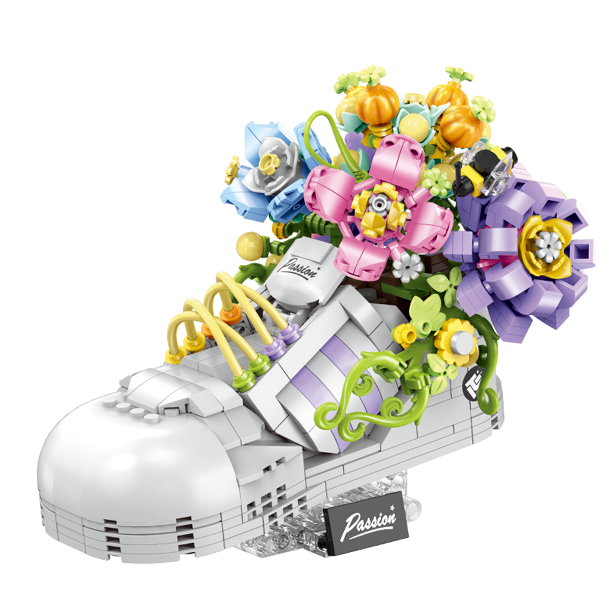 BR60513 pastel floral sneaker bouquet kit, 749 pcs: 2-in-1 white low-top sneaker planter or standalone flower pot. Static decor. Age 14+.