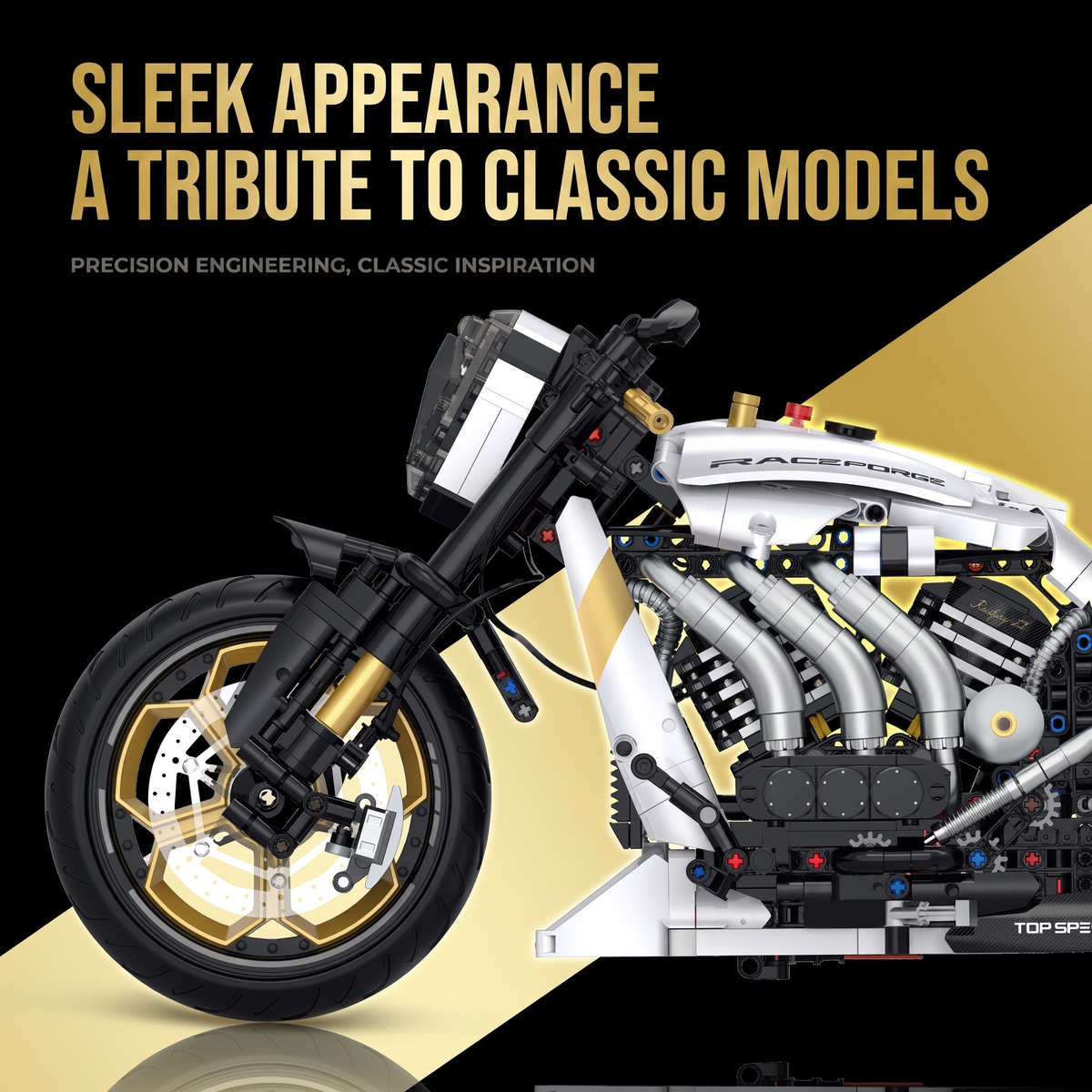 1:5 Pearl-White Custom Cruiser Motorcycle Building Kit