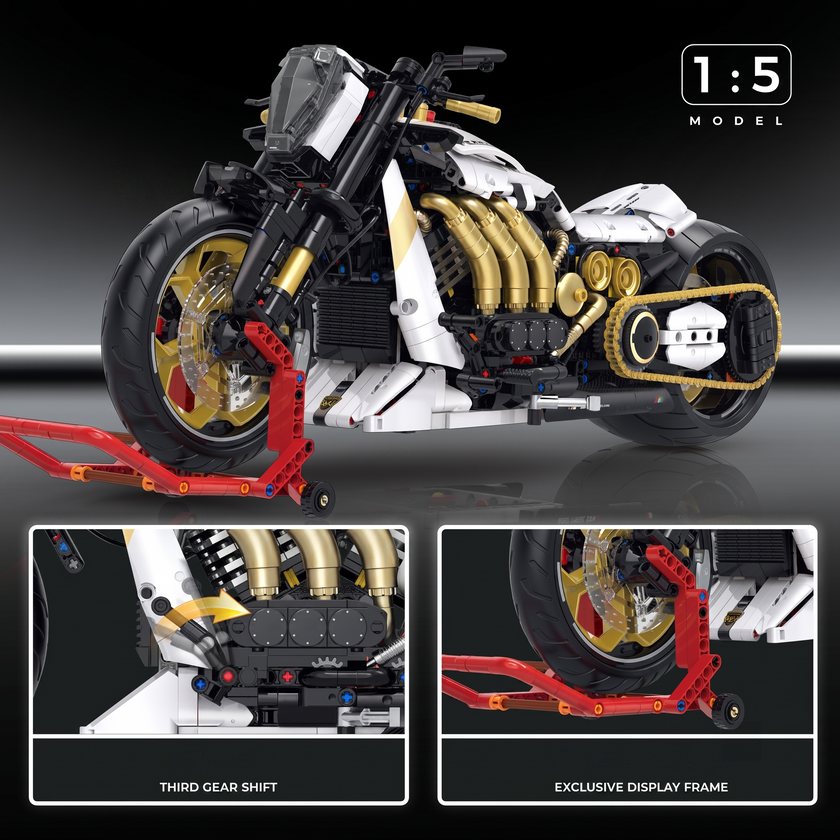 1:5 Pearl-White Custom Cruiser Motorcycle Building Kit