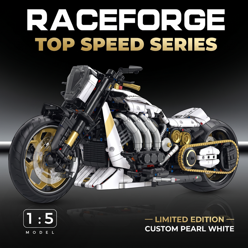1:5 Pearl-White Custom Cruiser Motorcycle Building Kit