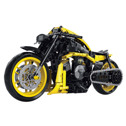 BR60536 1:8 power-cruiser motorcycle kit, 554 pcs: drive chain, working suspension, yellow & black streetfighter build. Static adult collectible.