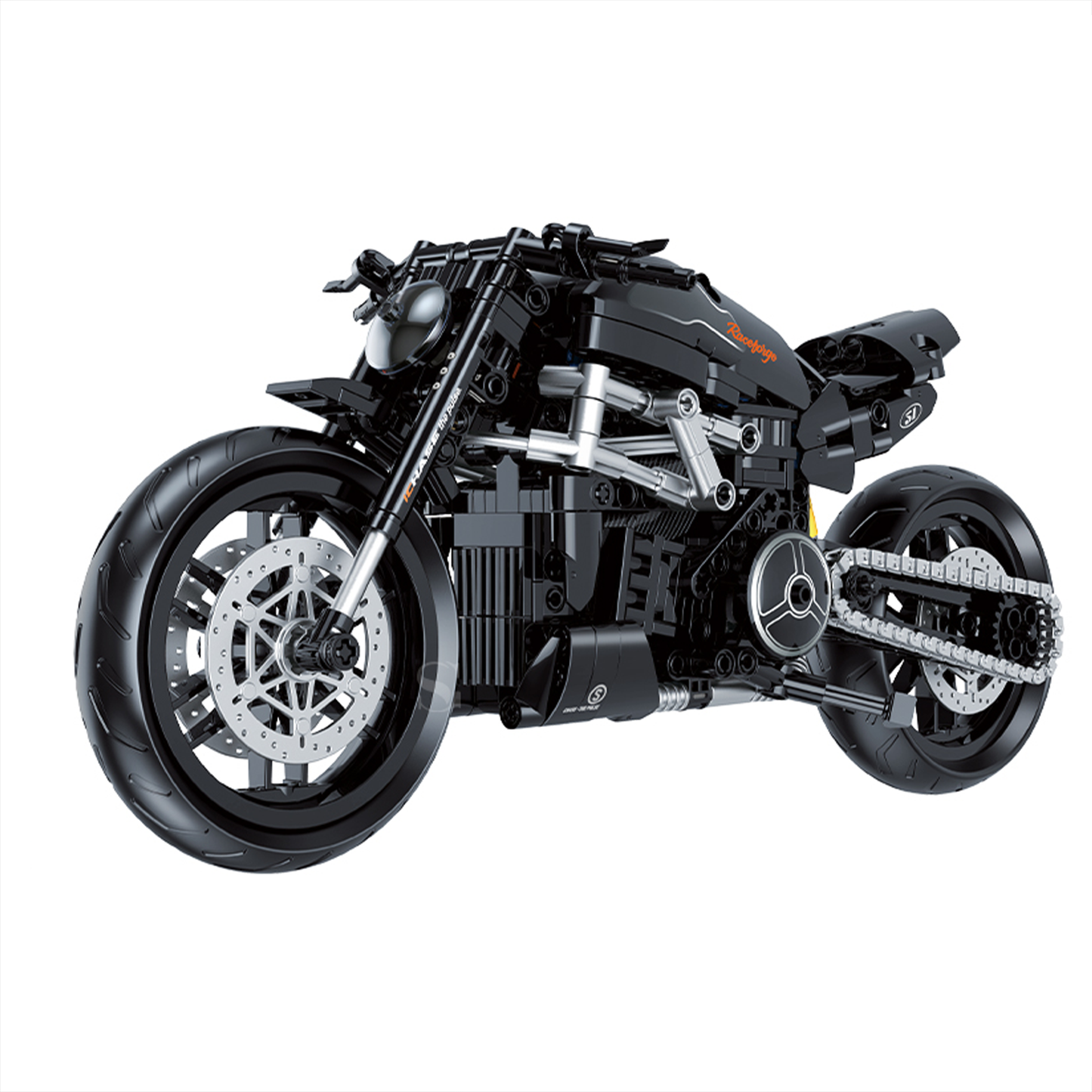 BR60551 1:8 power cruiser motorcycle kit, 538 pcs: matte black, drive chain, spring suspension, rotatable steering. Static adult collectible.