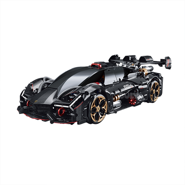 A 2,104-piece 1:10 glossy meteorite-black RC drift hypercar with 360° drift, mist spray, electric doors and LED lights — full kit included. Collectible, 14+.