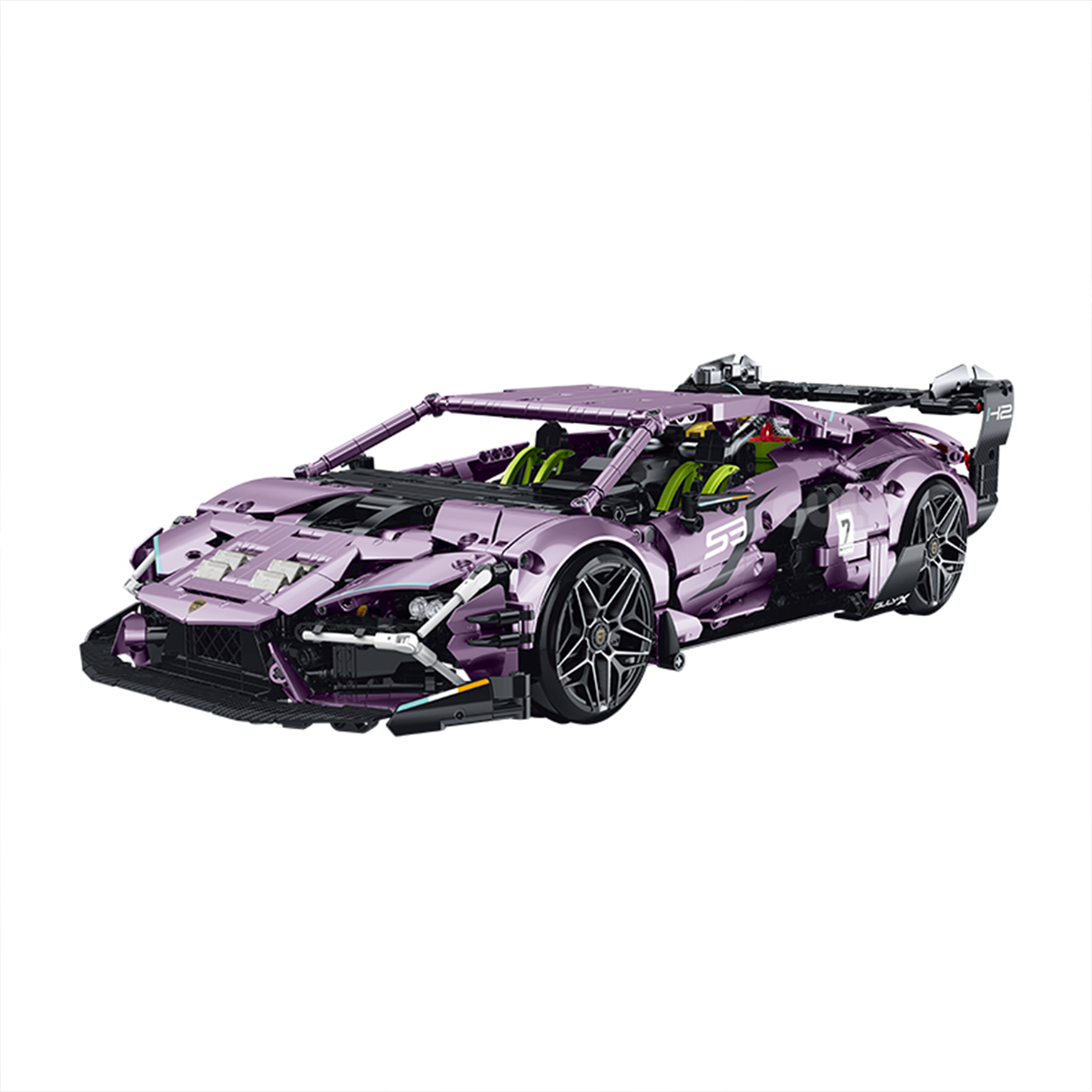 A 2,074-piece 1:10 electroplated mist-purple RC drift hypercar with 360° drift, electric doors and glow-in-the-dark headlights — full kit included. 14+.