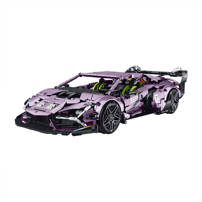 A 2,074-piece 1:10 electroplated mist-purple RC drift hypercar with 360° drift, electric doors and glow-in-the-dark headlights — full kit included. 14+.
