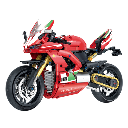 BR60516 1:8 racing sport superbike kit, 597 pcs: see-through moving-piston engine, working suspension & gold drive chain. Gloss red, static adult collectible.