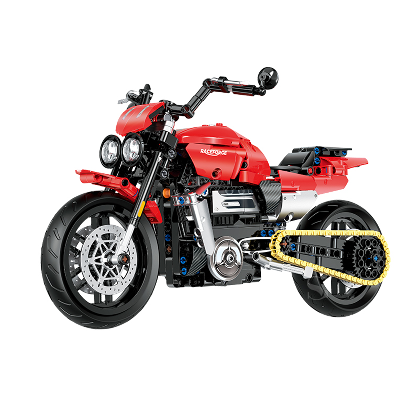 BR60528 1:8 red power-cruiser motorcycle kit, 528 pcs: see-through moving-piston engine, working suspension & gold drive chain. Static adult collectible.