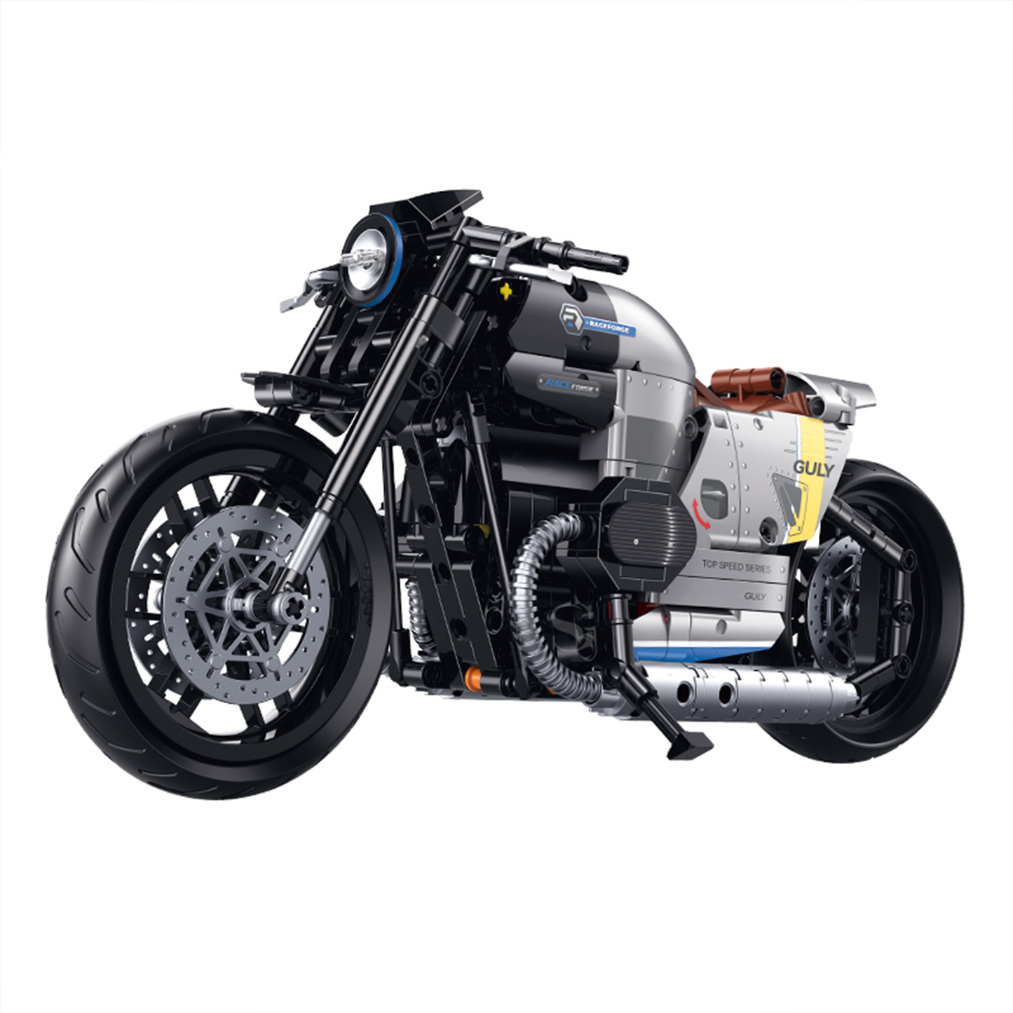BR60535 1:8 retro cruiser motorcycle kit, 508 pcs: see-through piston engine, working forks, shaft-style final drive. Static adult collectible.