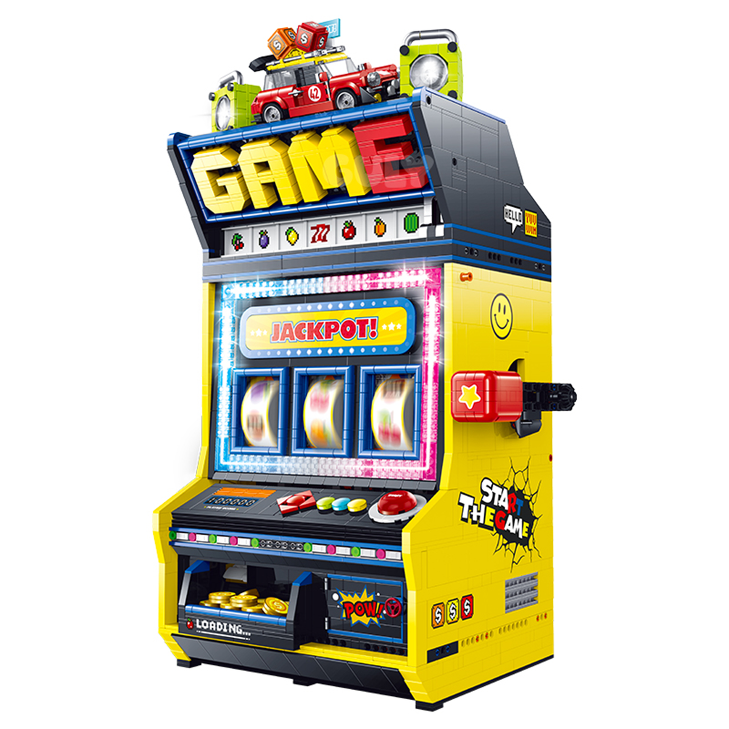 BR60542 retro fruit arcade machine kit, 3571 pcs: motorized spinning reels, pull-lever, toy coins, LED flow lights & music. 58cm. Age 14+.