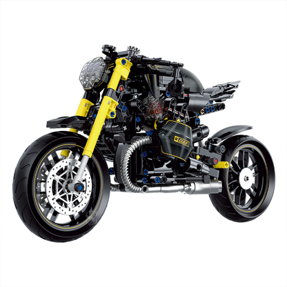 BR60515 1:8 retro naked roadster kit, 563 pcs: see-through moving-piston engine, working suspension & single-sided swingarm. Black & yellow, static collectible.