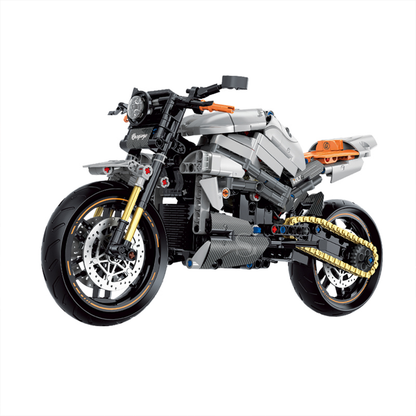 BR60508 1:8 retro naked motorcycle kit, 574 pcs: see-through moving-piston engine, working suspension & gold drive chain. Static adult collectible.